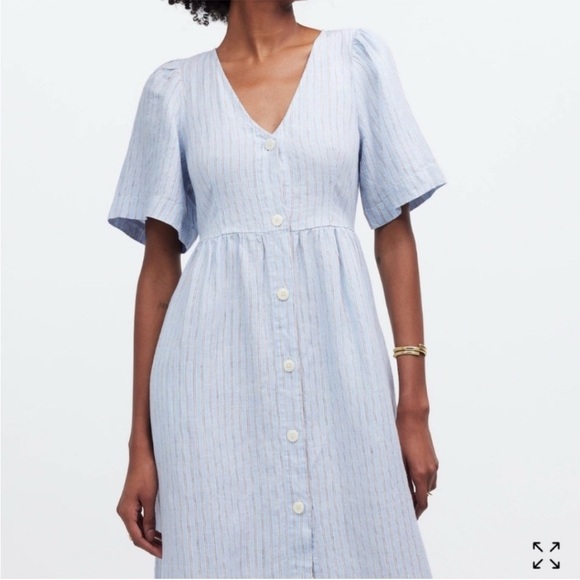 Madewell Cassie Button-Front Midi Dress in Linen Powder Blue Stripe Size XXS - Picture 2 of 6